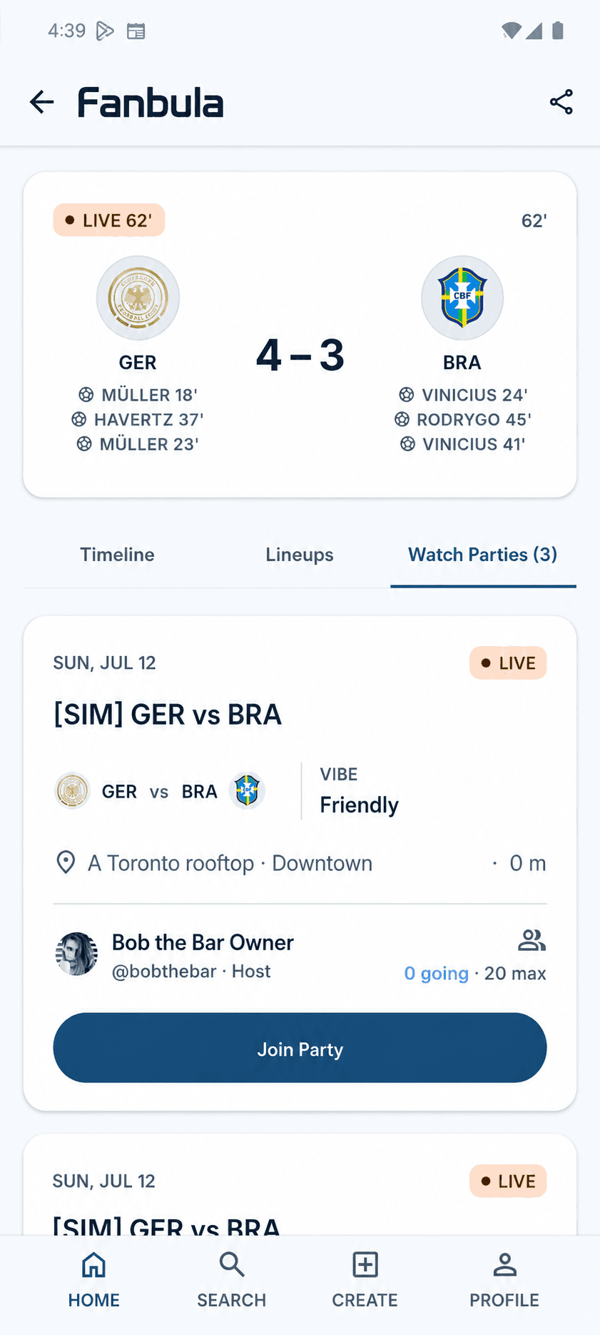 The Fanbula app showing live match watch parties