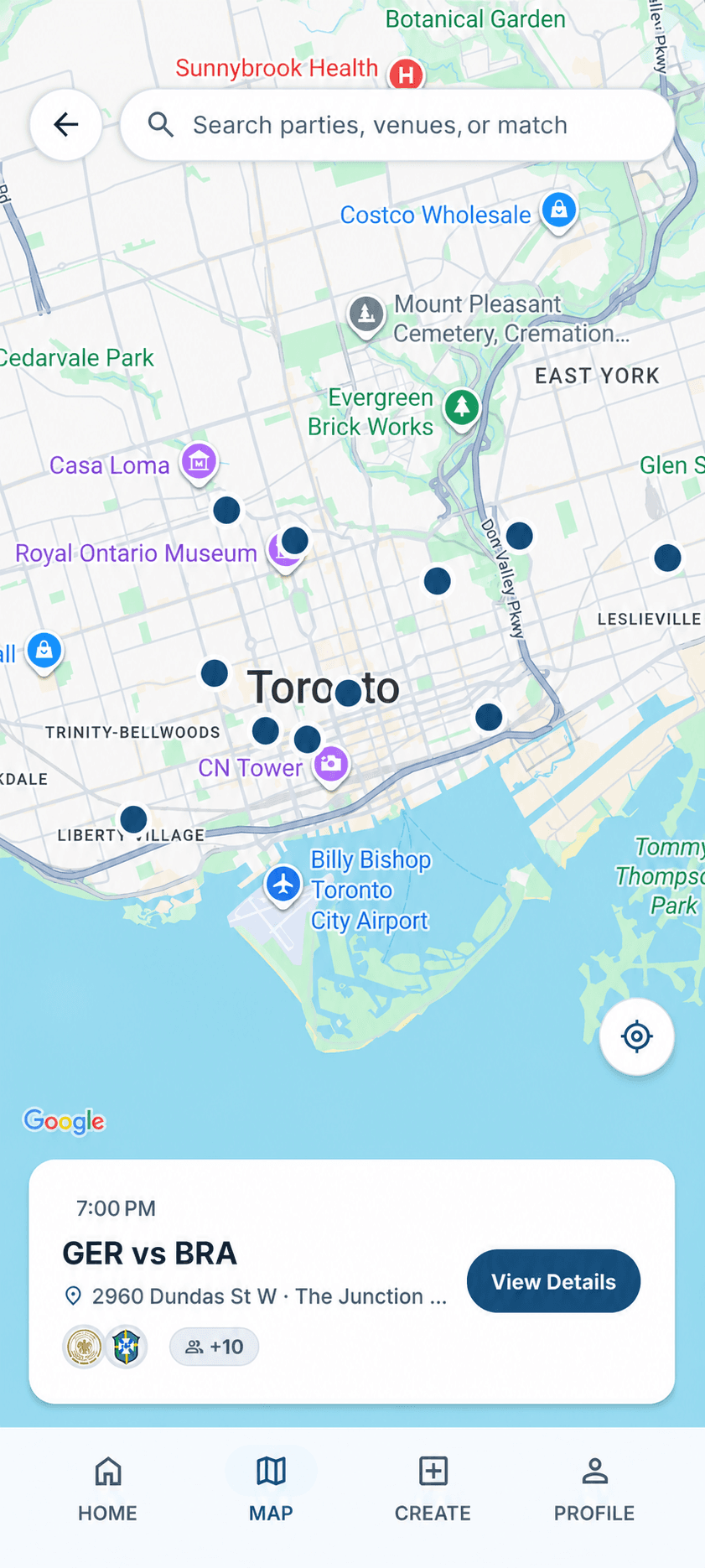 The Fanbula app map showing nearby watch parties